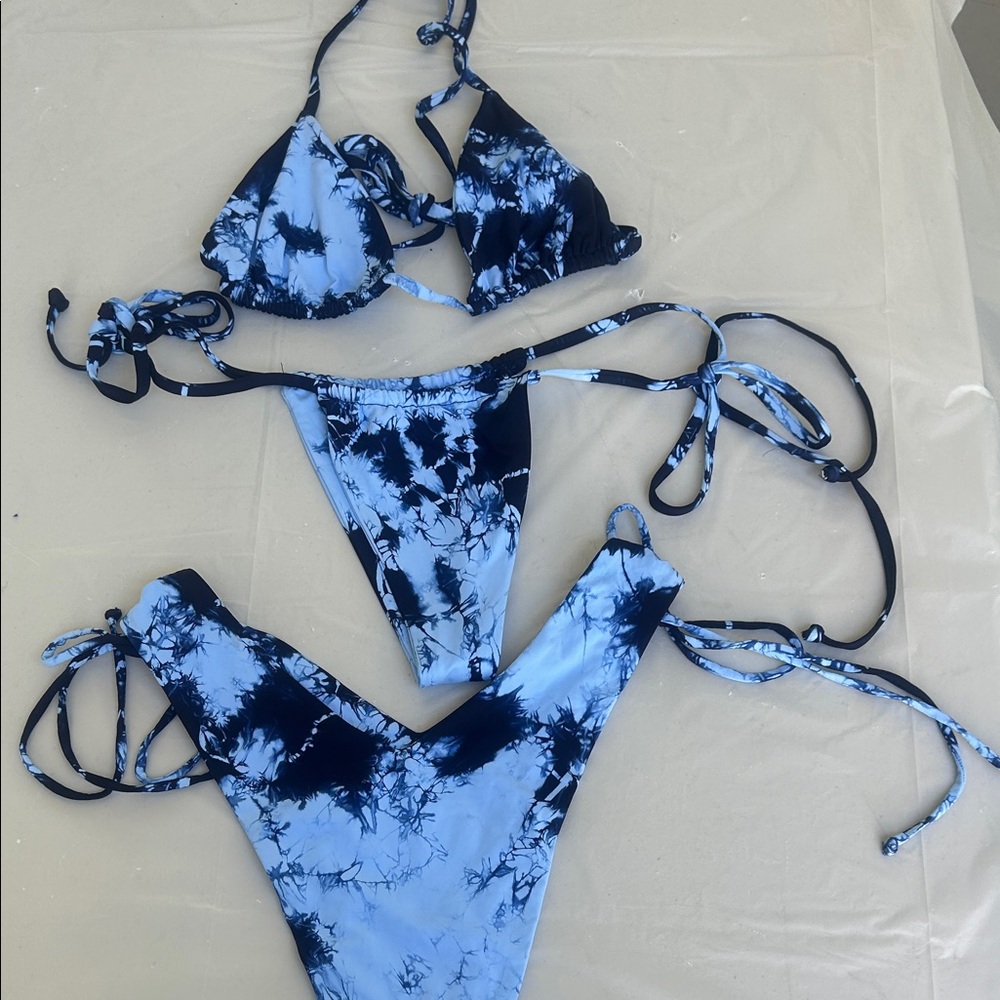 Frankie's Bikinis Blue Tie-Dye String Bikini Set